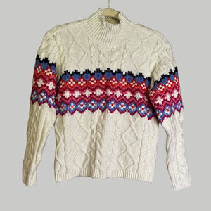 Fair Isle Cable Knit Chunky Turtleneck Sweater White Pink Blue PL